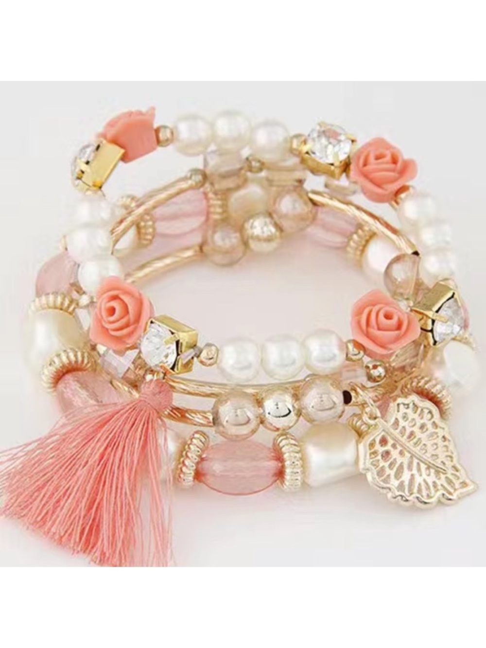 Beaded 4 Piece Stretch Stack Bracelet Set with Roses